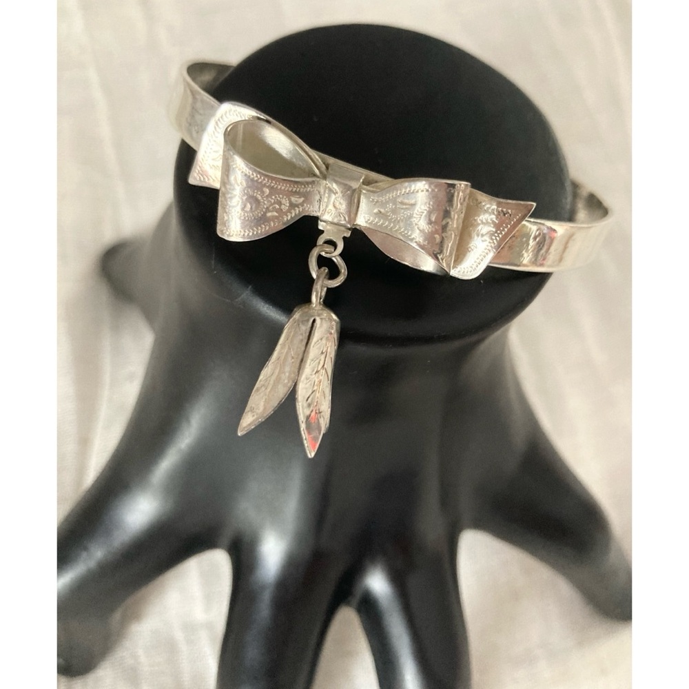 Sterling Silver 3-D Bow Cuff Bracelet w/Flower Bud Charm Etched